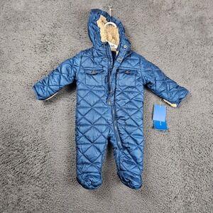 Perry Ellis Boys Quilted Fleece Lined Hooded Snowsuit Blue Infant Size 3-6 Month